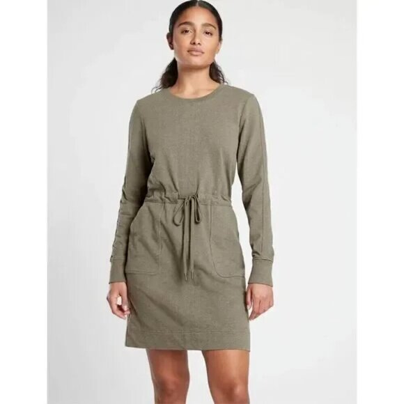 Athleta Farallon Drawstring Dress Size XS Heather Green Long Sleeve Comfy Casual - Picture 1 of 11